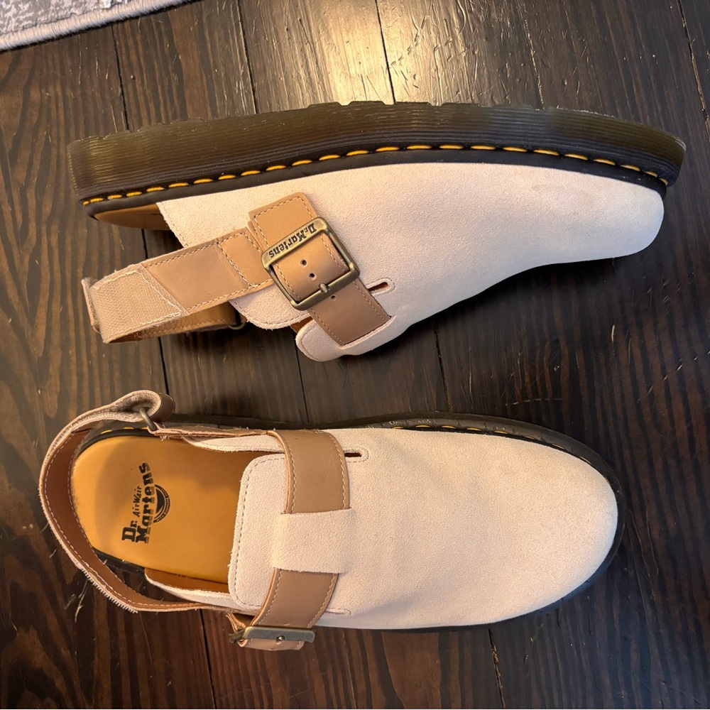 Dr. Martens Jorge II Clog - Suede Top, Cream and Tan Buckle Sandals